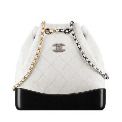 Fake Chanel Gabrielle Silver CC Logo Two-tone Chain Shoulder Strap Diamond Lattice White & Black Leather Female Drawstring Backpack