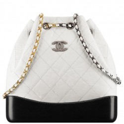 Fake Chanel Gabrielle Silver CC Logo Two-tone Chain Shoulder Strap Diamond Lattice White & Black Leather Female Drawstring Backpack