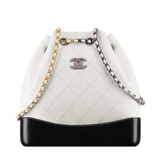 Fake Chanel Gabrielle Silver CC Logo Two-tone Chain Shoulder Strap Diamond Lattice White & Black Leather Female Drawstring Backpack