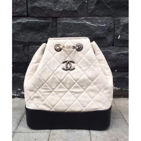 Fake Chanel Gabrielle Silver CC Logo Two-tone Chain Shoulder Strap Diamond Lattice White & Black Leather Female Drawstring Backpack