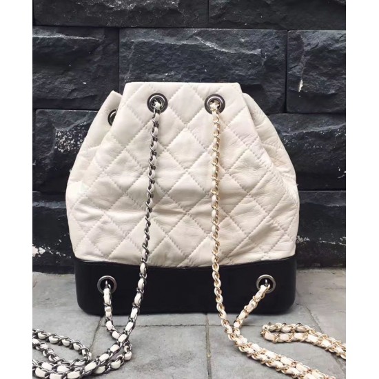 Fake Chanel Gabrielle Silver CC Logo Two-tone Chain Shoulder Strap Diamond Lattice White & Black Leather Female Drawstring Backpack