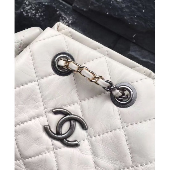 Fake Chanel Gabrielle Silver CC Logo Two-tone Chain Shoulder Strap Diamond Lattice White & Black Leather Female Drawstring Backpack