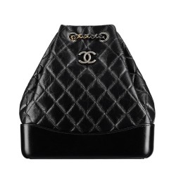 Faux Chanel Gabrielle Diamond Lattice Silver CC Decoration Women's Two-tone Chain Strap Black Lambskin Drawstring Backpack