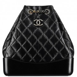 Faux Chanel Gabrielle Diamond Lattice Silver CC Decoration Women's Two-tone Chain Strap Black Lambskin Drawstring Backpack