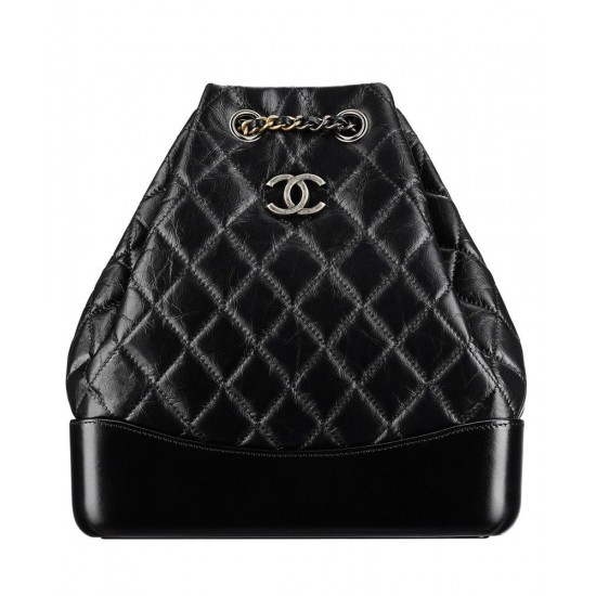 Faux Chanel Gabrielle Diamond Lattice Silver CC Decoration Women's Two-tone Chain Strap Black Lambskin Drawstring Backpack