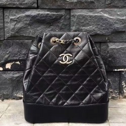 Faux Chanel Gabrielle Diamond Lattice Silver CC Decoration Women's Two-tone Chain Strap Black Lambskin Drawstring Backpack