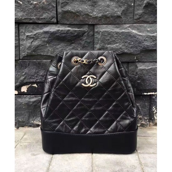 Faux Chanel Gabrielle Diamond Lattice Silver CC Decoration Women's Two-tone Chain Strap Black Lambskin Drawstring Backpack