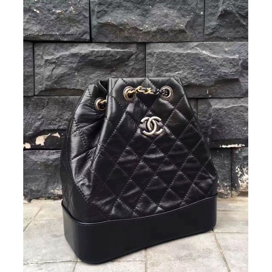 Faux Chanel Gabrielle Diamond Lattice Silver CC Decoration Women's Two-tone Chain Strap Black Lambskin Drawstring Backpack