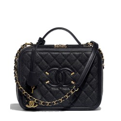 Replica Chanel CC Logo Decoration House Design Women's Square Black Caviar Leather Brass Chain Vanity Case UK Large