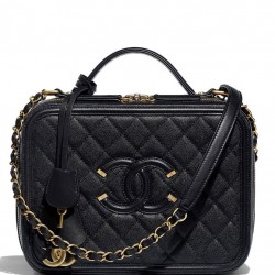 Replica Chanel CC Logo Decoration House Design Women's Square Black Caviar Leather Brass Chain Vanity Case UK Large