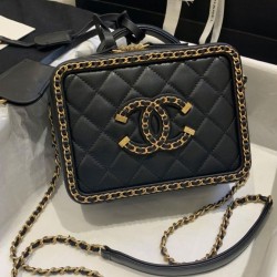 Spring Popular Black Quilted Leather CC Logo Signature Link Chain Trimming - Fake Chanel Top Handle Vanity Bag