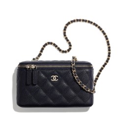 Top Sale Yellow Gold Plated CC Decoration Zipper Closure Black Grained Leather - Faux Chanel Small Chain Vanity Case