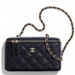 Top Sale Yellow Gold Plated CC Decoration Zipper Closure Black Grained Leather - Faux Chanel Small Chain Vanity Case