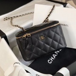 Top Sale Yellow Gold Plated CC Decoration Zipper Closure Black Grained Leather - Faux Chanel Small Chain Vanity Case