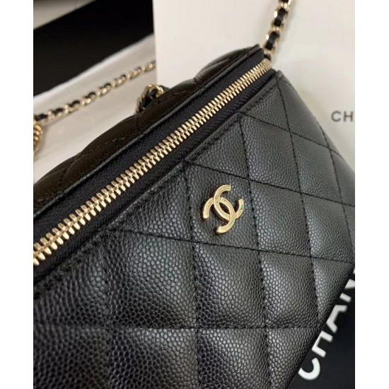 Top Sale Yellow Gold Plated CC Decoration Zipper Closure Black Grained Leather - Faux Chanel Small Chain Vanity Case