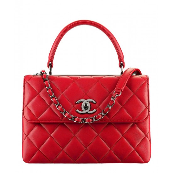 Imitation Chanel Red Quilted Leather Antique Silver CC Shaped Turn Lock Ladies Top Handle Chain Shoulder Strap Flap Bag UK