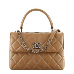 Fake Chanel Silver CC Logo Turn Lock Top Handle Style Medium Flap Bag Lady Fashion Coffee Quilted Leather Chain Handbag