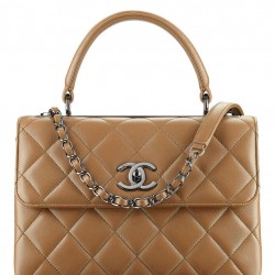 Fake Chanel Silver CC Logo Turn Lock Top Handle Style Medium Flap Bag Lady Fashion Coffee Quilted Leather Chain Handbag