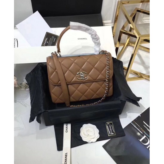 Fake Chanel Silver CC Logo Turn Lock Top Handle Style Medium Flap Bag Lady Fashion Coffee Quilted Leather Chain Handbag