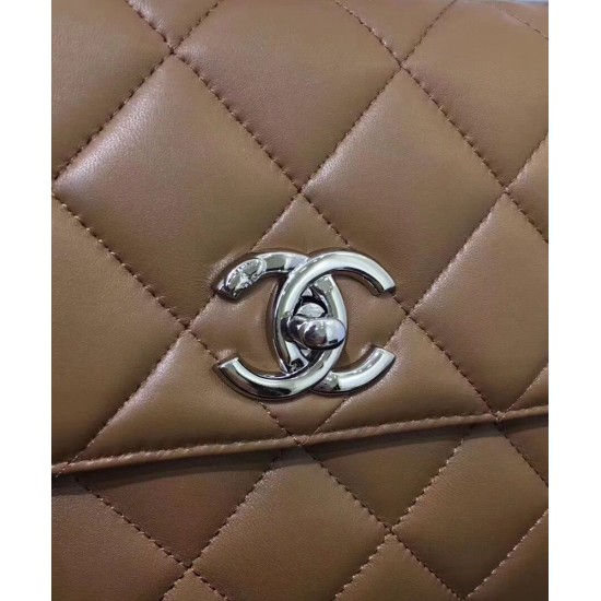 Fake Chanel Silver CC Logo Turn Lock Top Handle Style Medium Flap Bag Lady Fashion Coffee Quilted Leather Chain Handbag