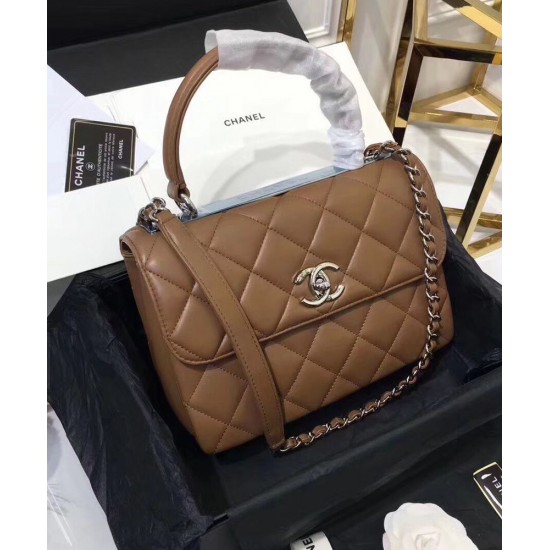 Fake Chanel Silver CC Logo Turn Lock Top Handle Style Medium Flap Bag Lady Fashion Coffee Quilted Leather Chain Handbag