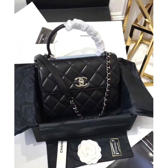 Top Sale Black Quilted Leather Top Handle Design Antique Silver CC Logo Flap Bag - Replica Chanel Women's Medium Flap Bag A92236 B08960 94305