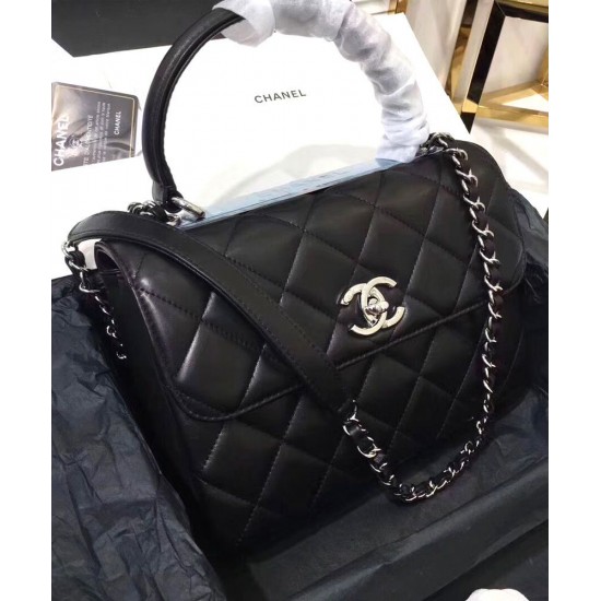 Top Sale Black Quilted Leather Top Handle Design Antique Silver CC Logo Flap Bag - Replica Chanel Women's Medium Flap Bag A92236 B08960 94305