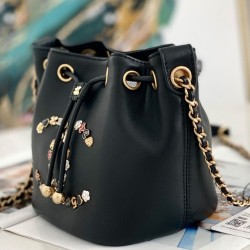 Faux Chanel Colorful Flower Heart Logo Studs Black Women's Mini Black Cowhide Leather Drawstring Bag