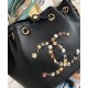 Faux Chanel Colorful Flower Heart Logo Studs Black Women's Mini Black Cowhide Leather Drawstring Bag