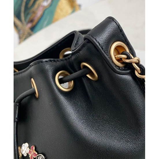 Faux Chanel Colorful Flower Heart Logo Studs Black Women's Mini Black Cowhide Leather Drawstring Bag