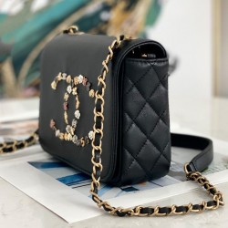 Fake Chanel Diversiform Metal CC Logo Floral Heart Black Cowhide Leather Flap Shoulder Bag For Ladies