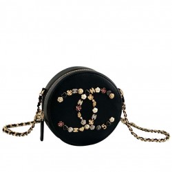 Replica Chanel Mini Black Cowhide Leather Multifarious Flower Heart CC Decoration Women's Zipper Round Bag