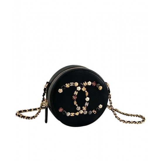 Replica Chanel Mini Black Cowhide Leather Multifarious Flower Heart CC Decoration Women's Zipper Round Bag