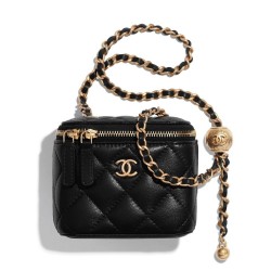 Best Price Small Classic Black Quilted Leather Women's Zipper Box Bag - Imitation Chanel Brass Chain Shoulder Strap Vanity Case