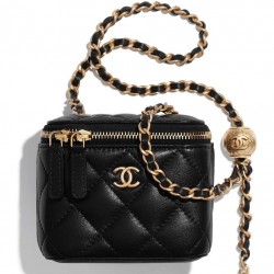 Best Price Small Classic Black Quilted Leather Women's Zipper Box Bag - Imitation Chanel Brass Chain Shoulder Strap Vanity Case