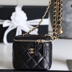 Best Price Small Classic Black Quilted Leather Women's Zipper Box Bag - Imitation Chanel Brass Chain Shoulder Strap Vanity Case