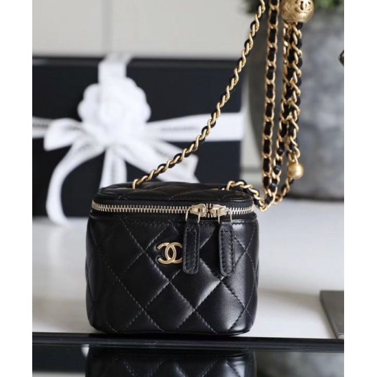 Best Price Small Classic Black Quilted Leather Women's Zipper Box Bag - Imitation Chanel Brass Chain Shoulder Strap Vanity Case