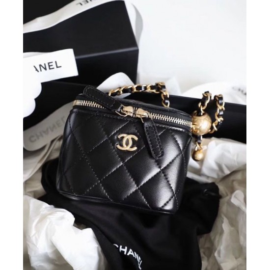 Best Price Small Classic Black Quilted Leather Women's Zipper Box Bag - Imitation Chanel Brass Chain Shoulder Strap Vanity Case