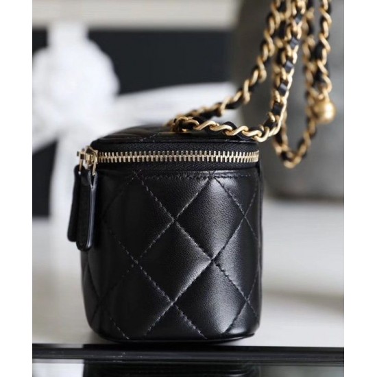 Best Price Small Classic Black Quilted Leather Women's Zipper Box Bag - Imitation Chanel Brass Chain Shoulder Strap Vanity Case