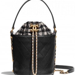 High End Brass CC Signature Detail Studs Sides Tweed & Black Quilted Leather Patchwork Drawstring Bag - Faux Chanel Tote Bag