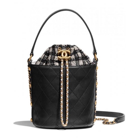 High End Brass CC Signature Detail Studs Sides Tweed & Black Quilted Leather Patchwork Drawstring Bag - Faux Chanel Tote Bag