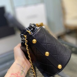 High End Brass CC Signature Detail Studs Sides Tweed & Black Quilted Leather Patchwork Drawstring Bag - Faux Chanel Tote Bag