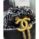 High End Brass CC Signature Detail Studs Sides Tweed & Black Quilted Leather Patchwork Drawstring Bag - Faux Chanel Tote Bag