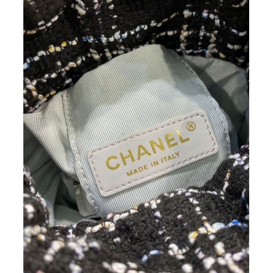 High End Brass CC Signature Detail Studs Sides Tweed & Black Quilted Leather Patchwork Drawstring Bag - Faux Chanel Tote Bag