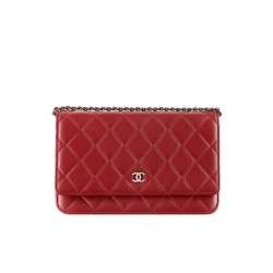 Fashion Red Quilted Leather Rhombus Pattern Women's WOC Wallet - Faux Chanel Medium Silver CC Logo Signature Chain Bag