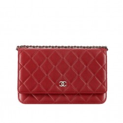 Fashion Red Quilted Leather Rhombus Pattern Women's WOC Wallet - Faux Chanel Medium Silver CC Logo Signature Chain Bag