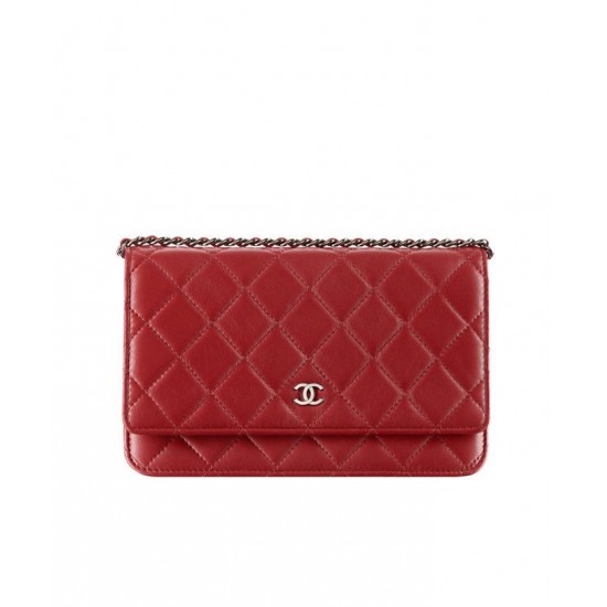 Fashion Red Quilted Leather Rhombus Pattern Women's WOC Wallet - Faux Chanel Medium Silver CC Logo Signature Chain Bag