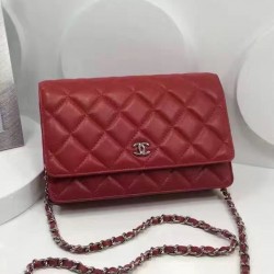 Fashion Red Quilted Leather Rhombus Pattern Women's WOC Wallet - Faux Chanel Medium Silver CC Logo Signature Chain Bag