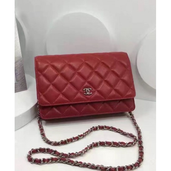 Fashion Red Quilted Leather Rhombus Pattern Women's WOC Wallet - Faux Chanel Medium Silver CC Logo Signature Chain Bag