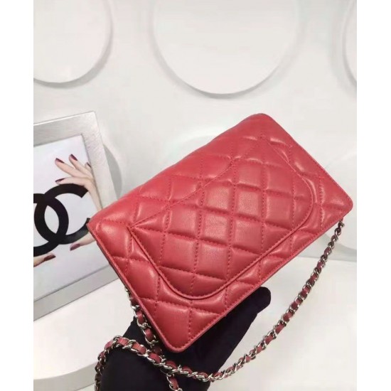 Fashion Red Quilted Leather Rhombus Pattern Women's WOC Wallet - Faux Chanel Medium Silver CC Logo Signature Chain Bag